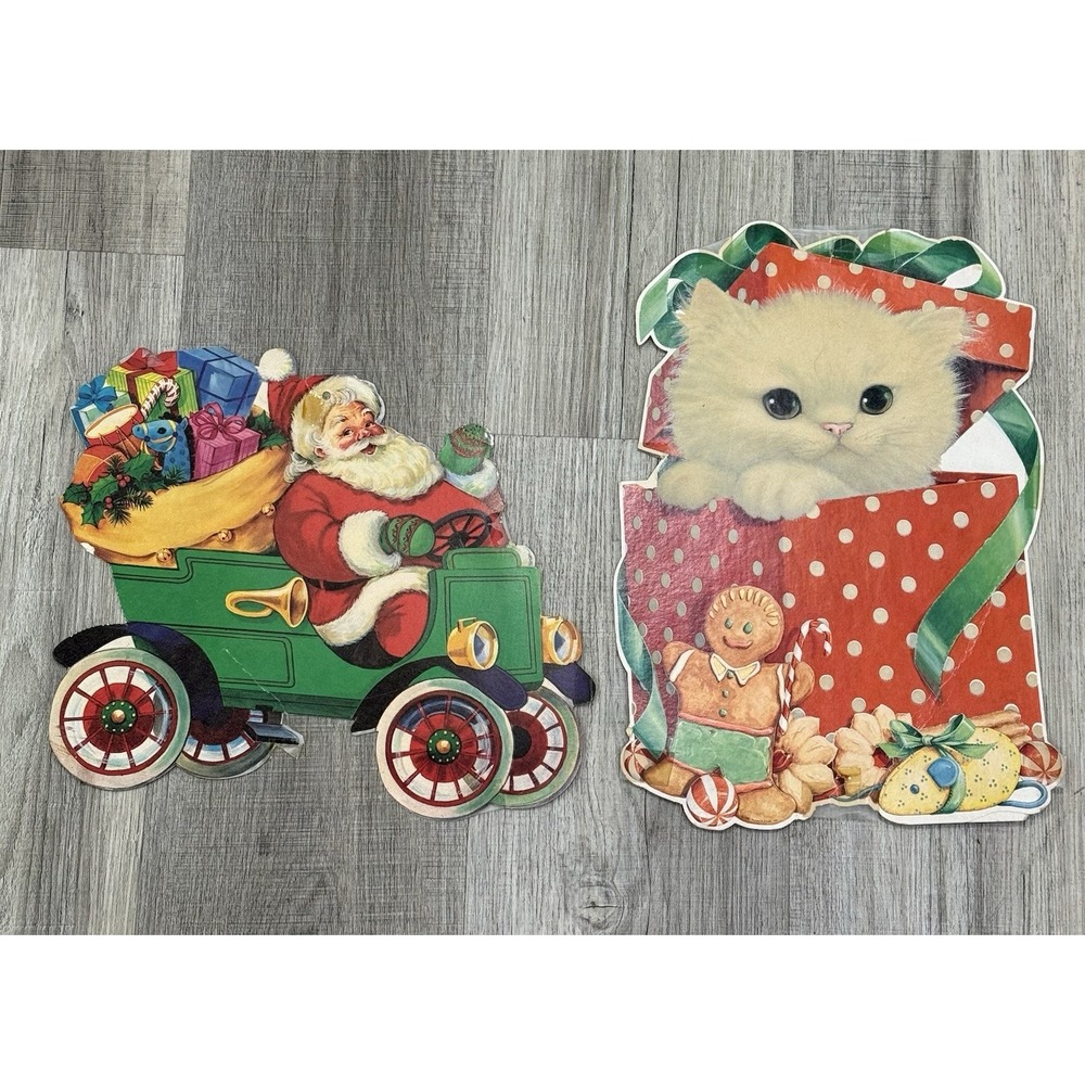 Lot 2 Vintage Die Cut Out White Velvet Cat Santa Christmas Paper Wall Door Decor